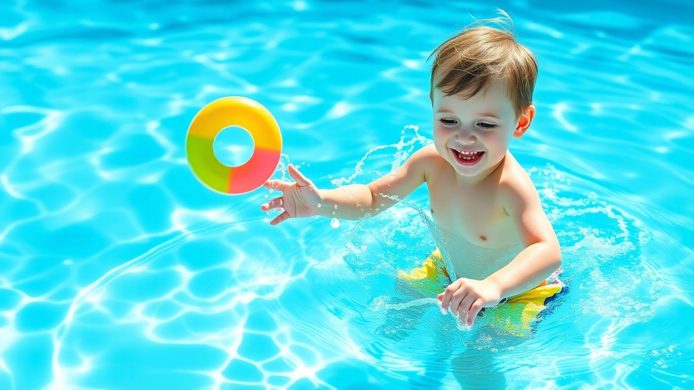 Toddler happily splashing in a swimming pool.
