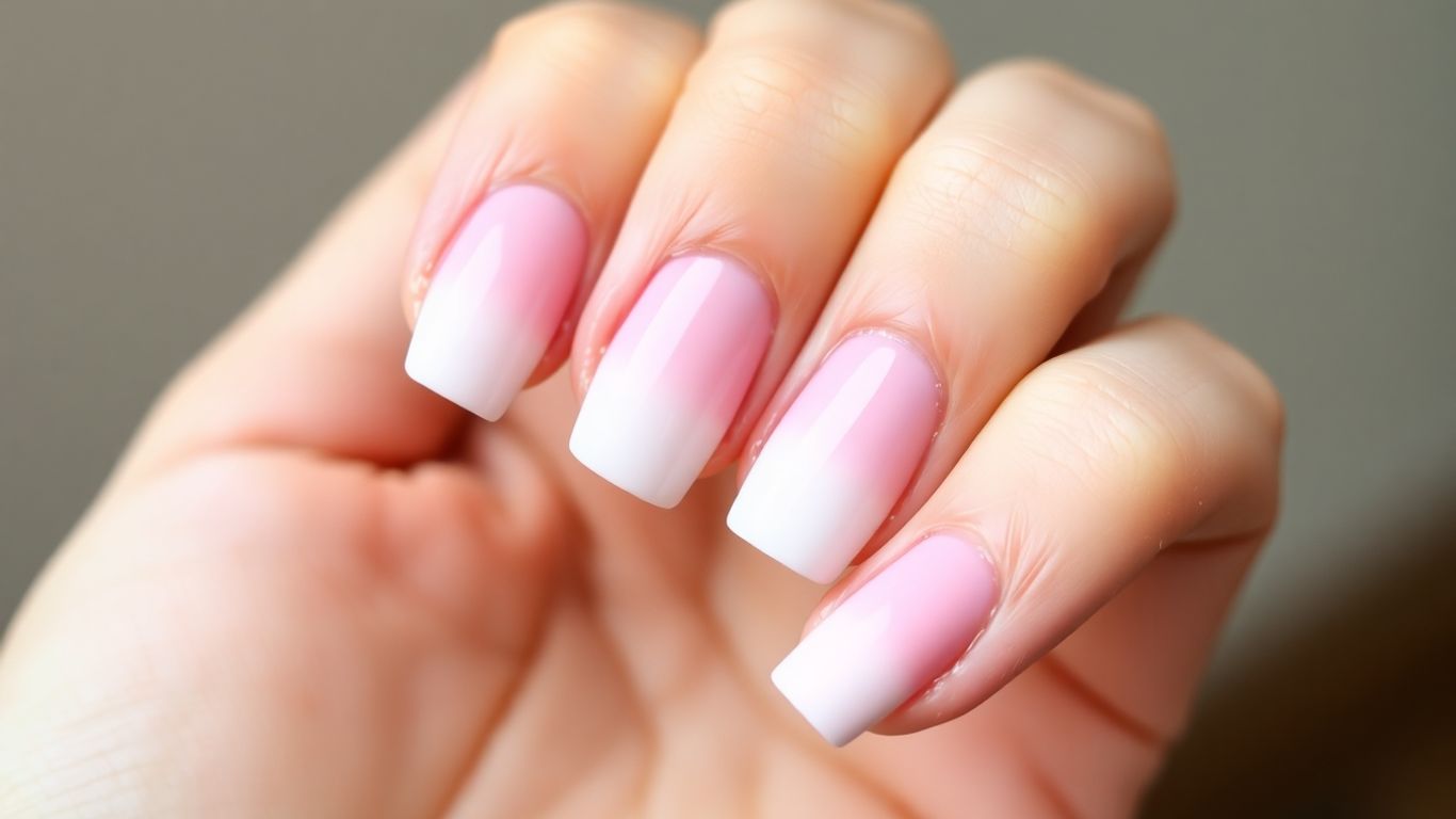 Ombré French tip nails with pink to white gradient.