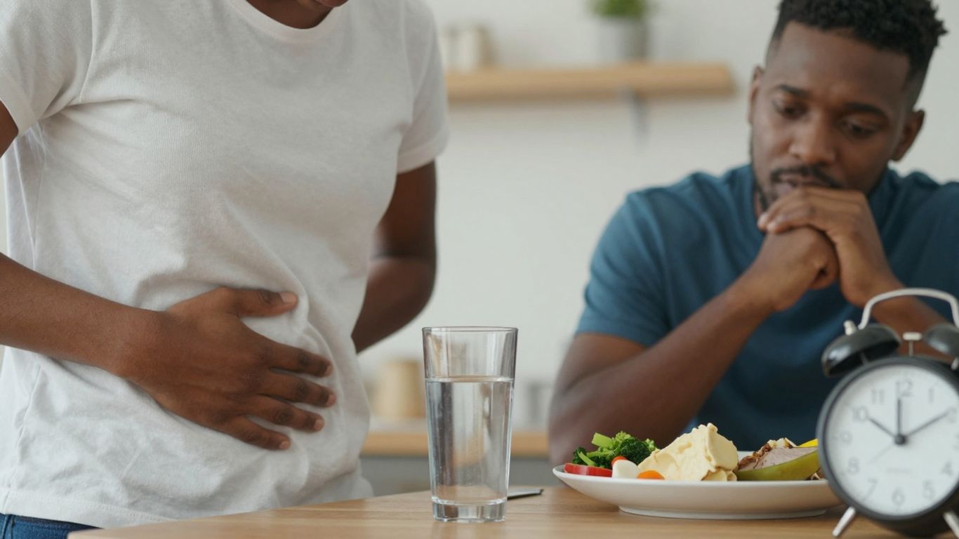 Person considering hunger, hydration, and meal timing.