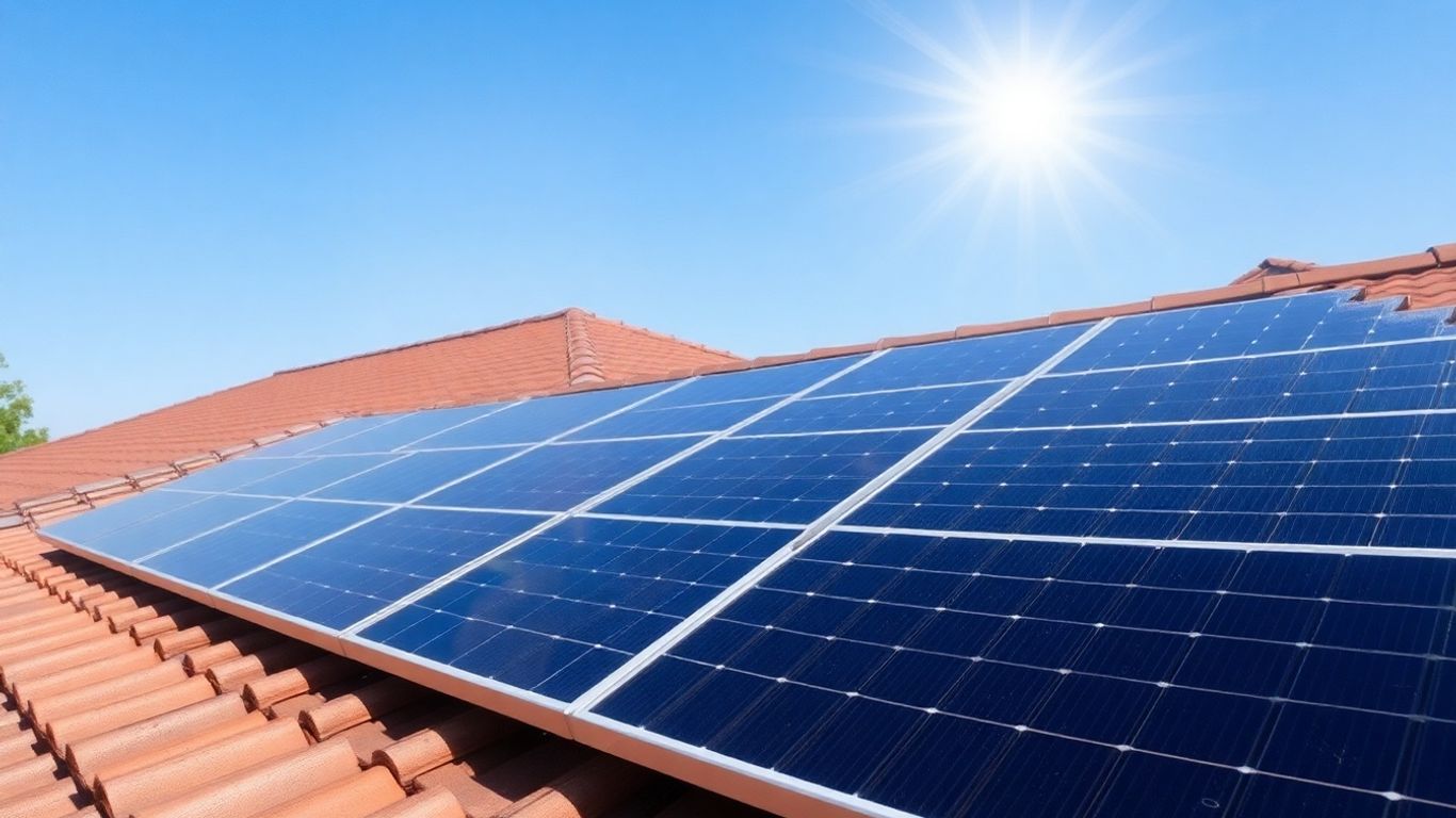 Solar panels on a roof under bright sunshine.