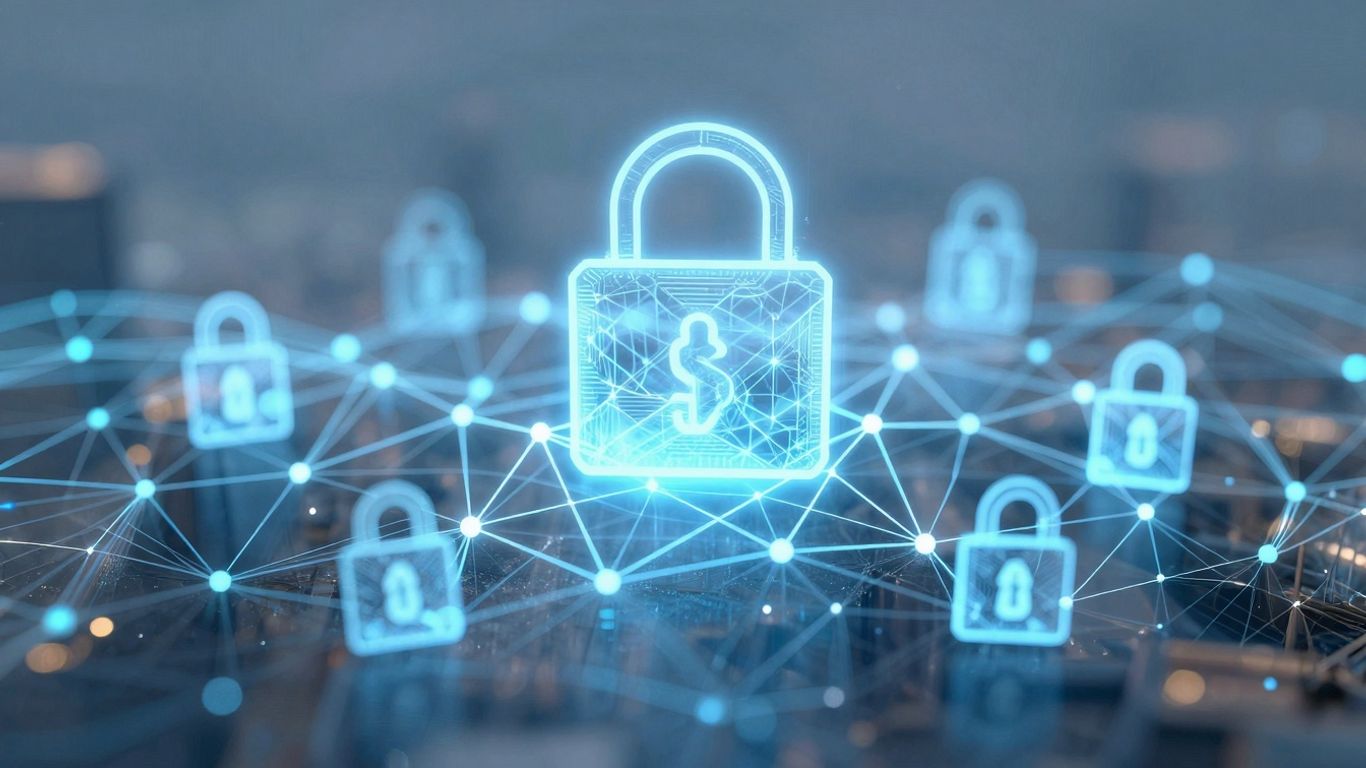 Blockchain network with glowing nodes and abstract data flow.