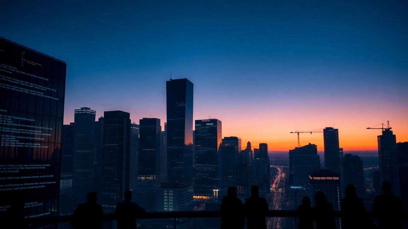 Australian cityscape with glowing code lines at dusk