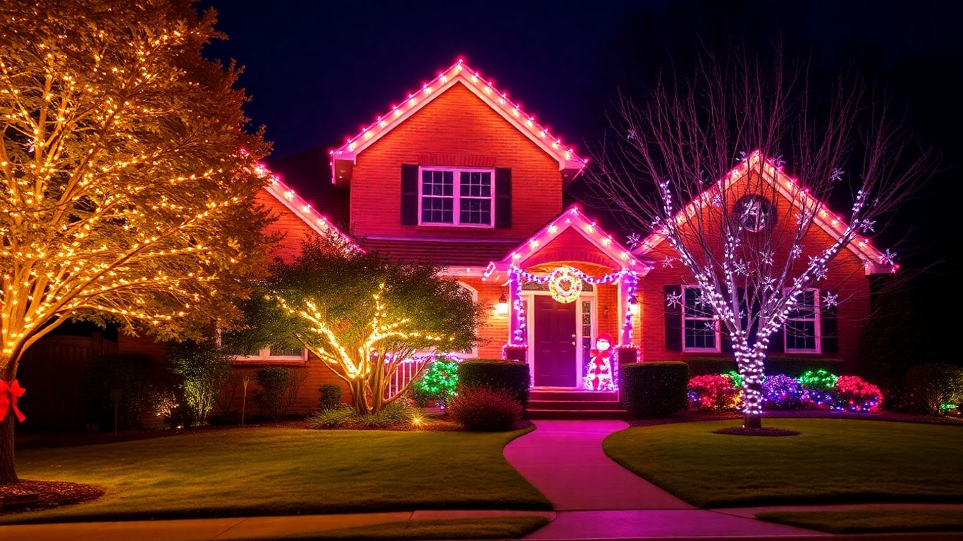 Weldon Spring home decorated with bright Christmas lights.