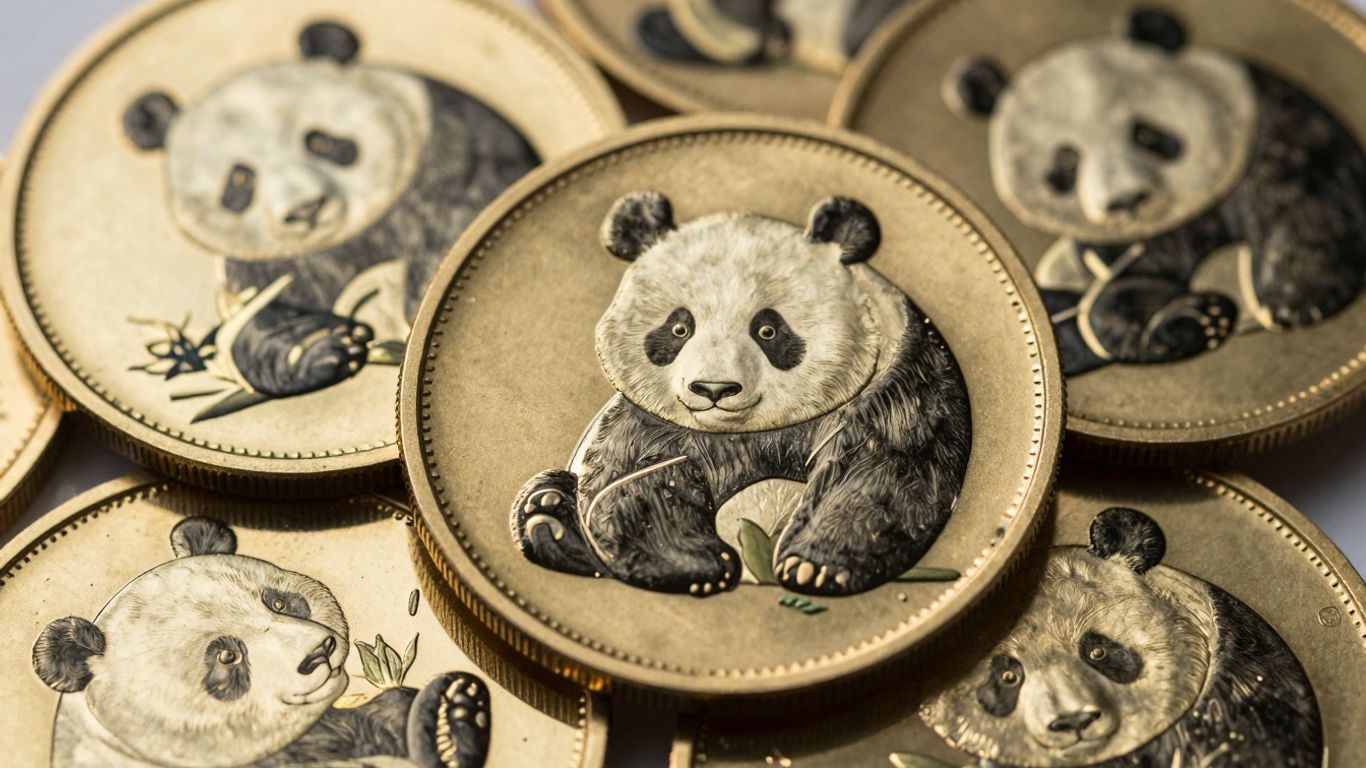 Gold Panda coins stacked and gleaming.
