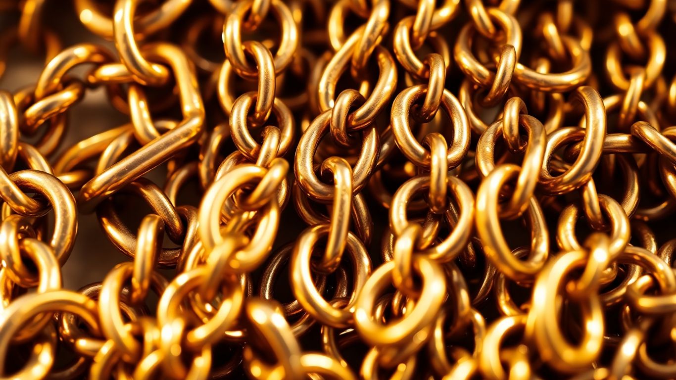 Close-up of various brass chains with metallic sheen.