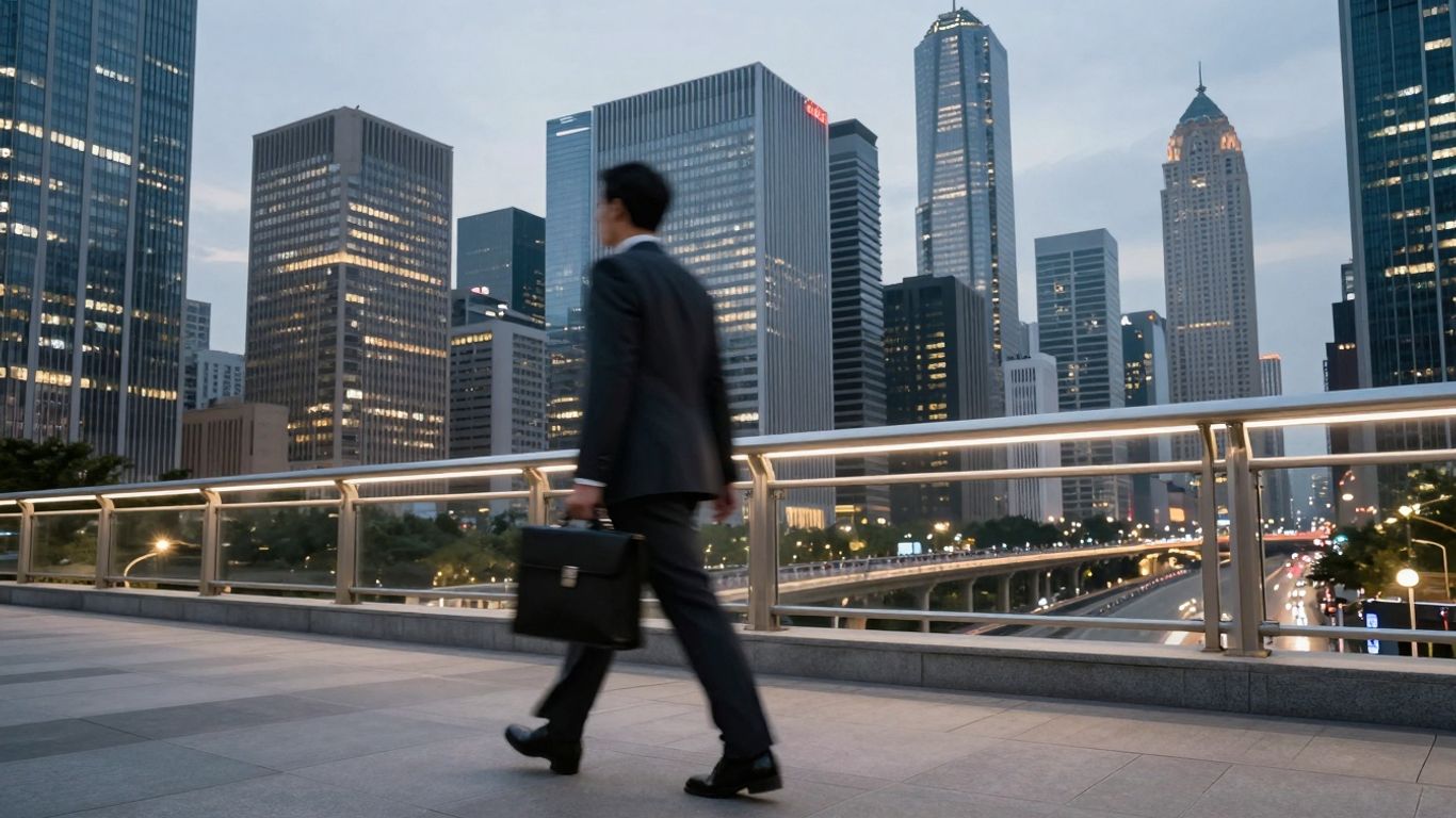 Investment banker walking in a city at dusk.