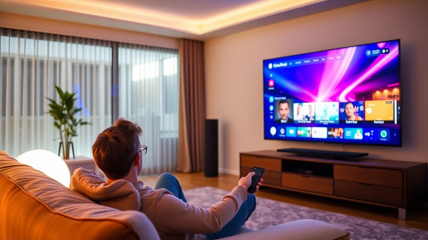 Salon moderne avec télévision et personne regardant un service de streaming.Abonnement IPTV en France 2026 – Le Guide Complet pour Choisir le Meilleur Service