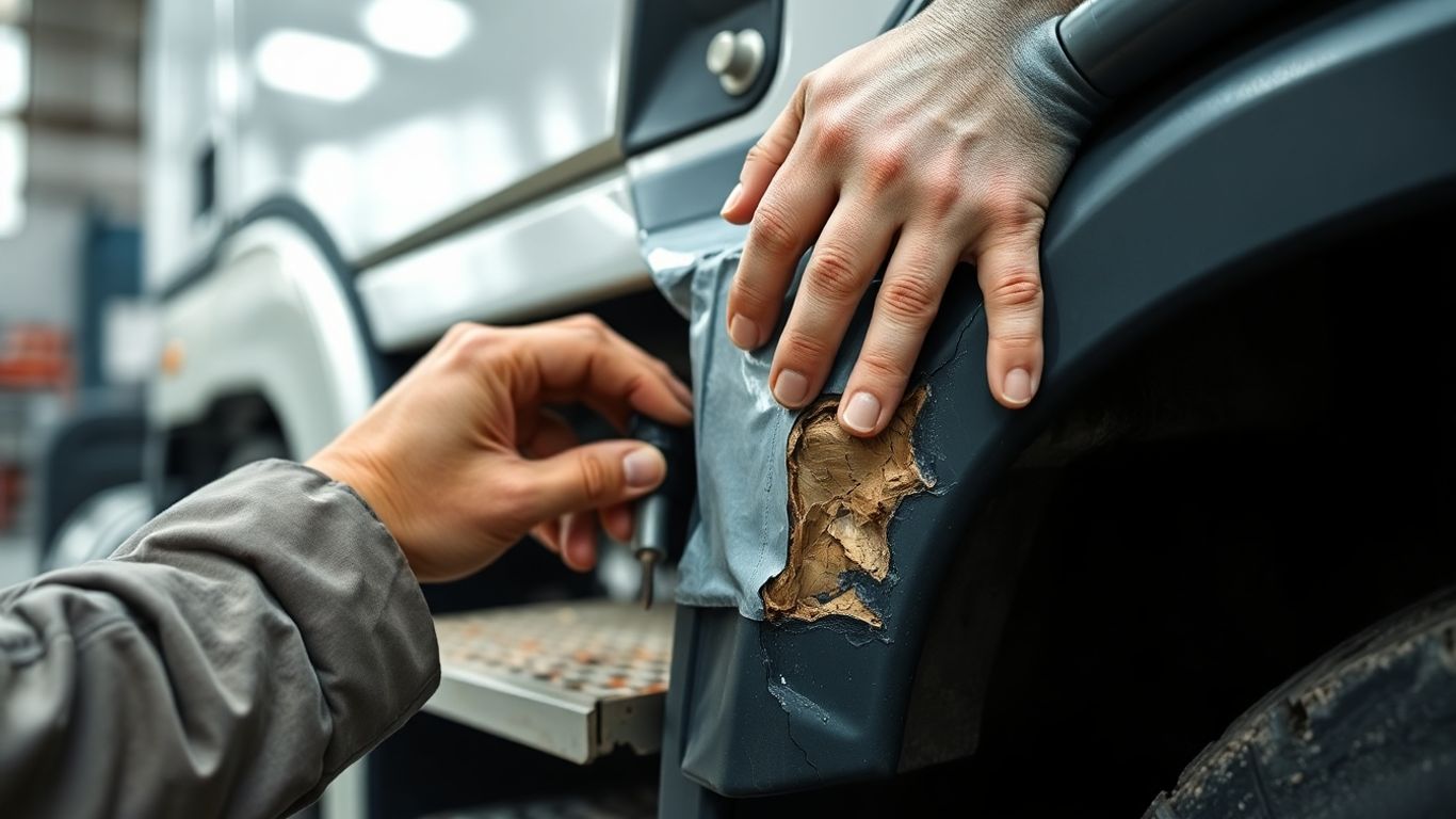 Reparo de fibra e plástico em caminhão com ferramentas.