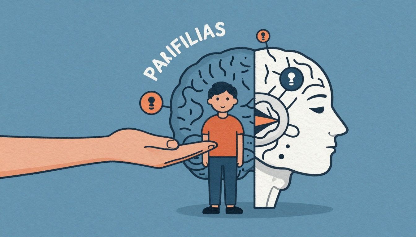 Ilustração conceitual de parafilias, mostrando símbolos da mente humana e diferentes preferências comportamentais
