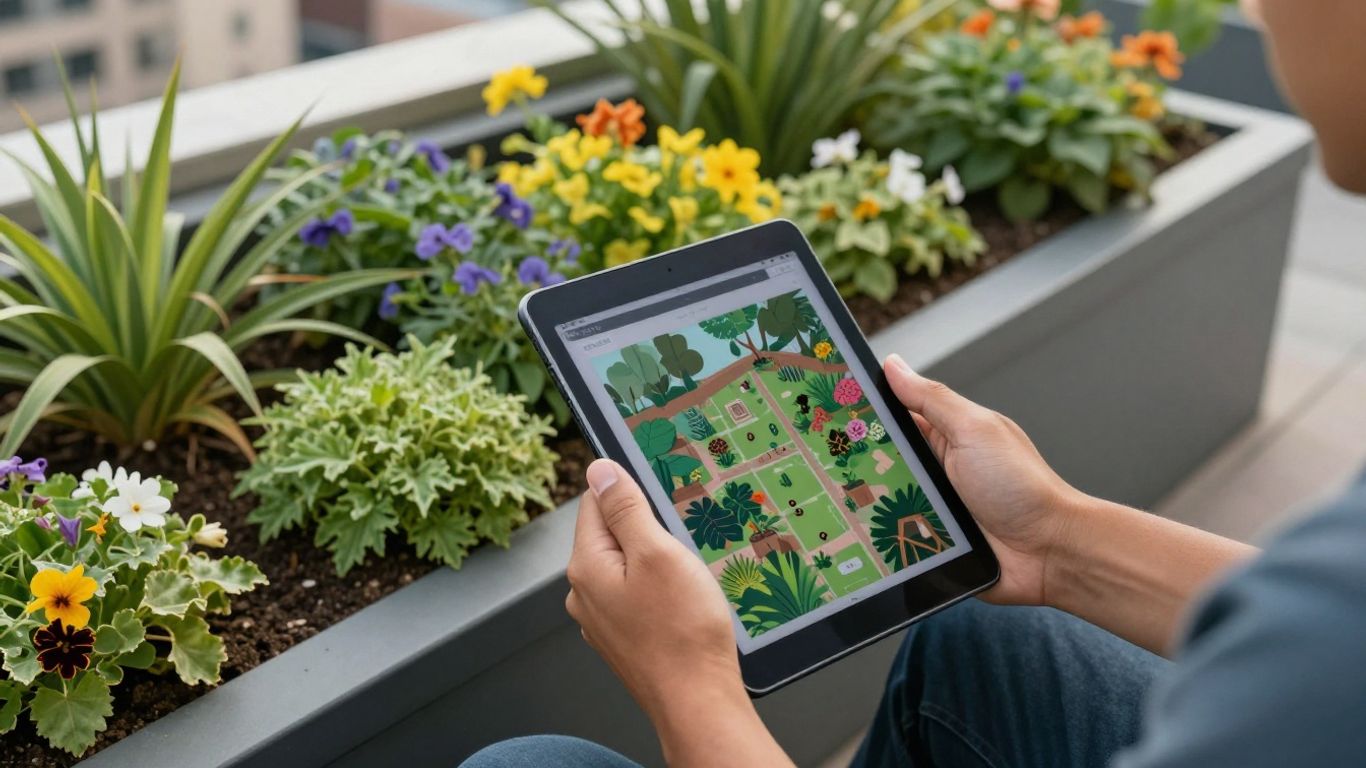 Digitale Planung von Stadtgärten mit Tablet und Pflanzen