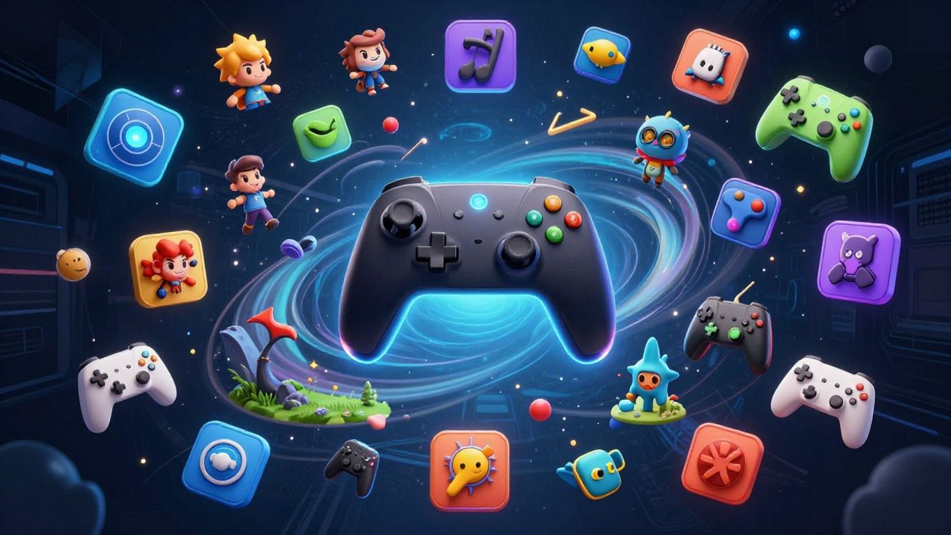 Collage of colorful online game icons and characters.