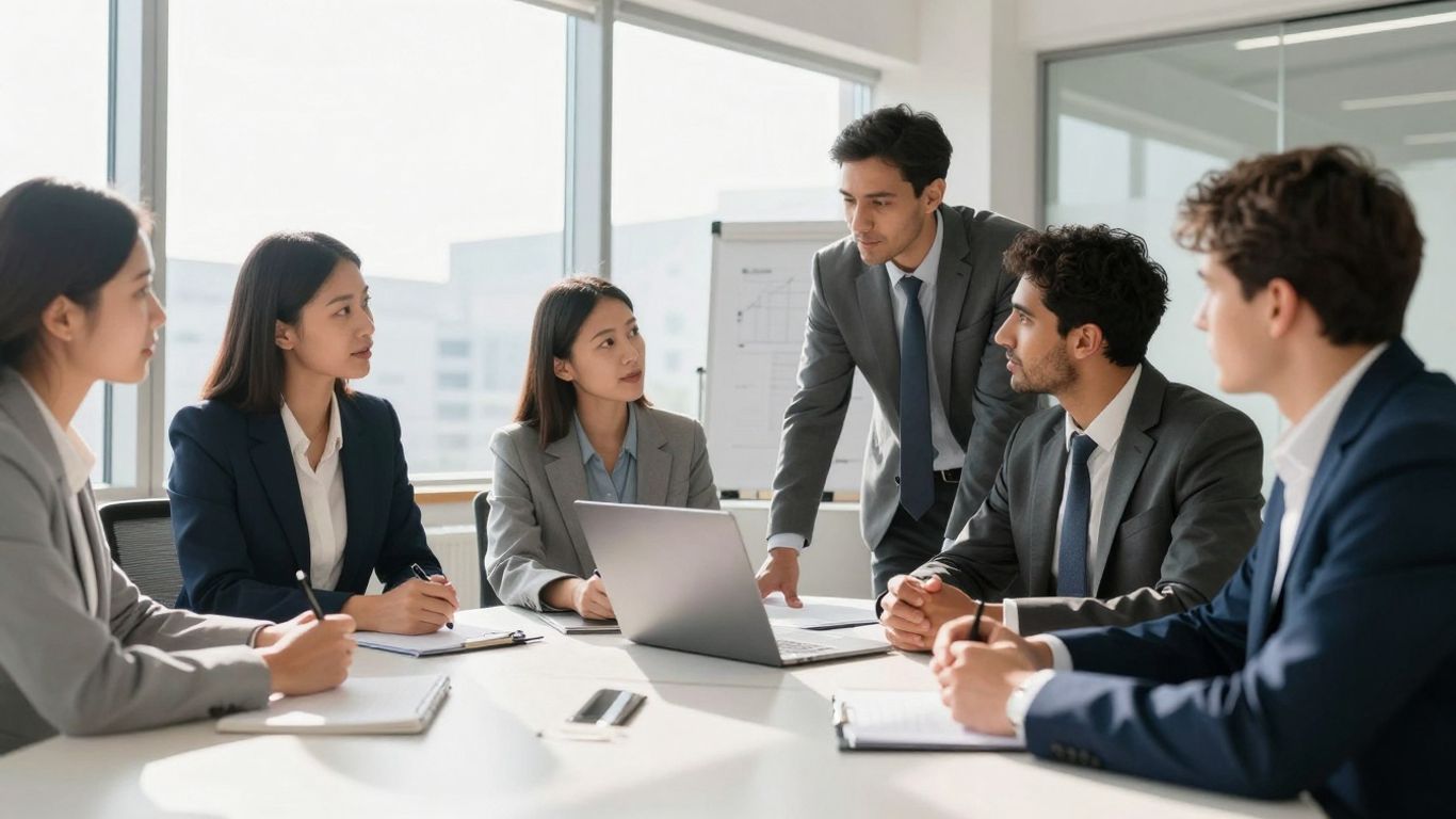 Geschäftsleute im Büro, die internationale Geschäfte besprechen.