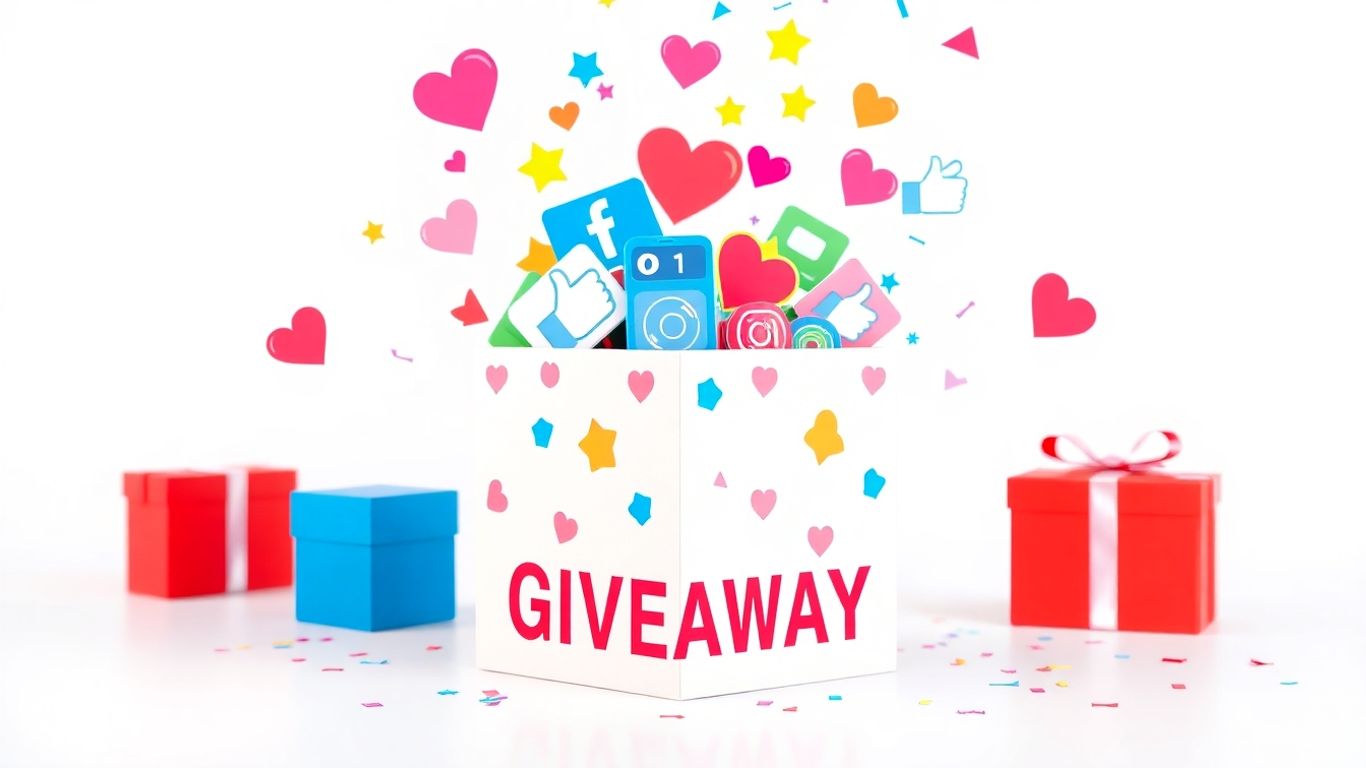 Social media giveaway prize and engagement icons.