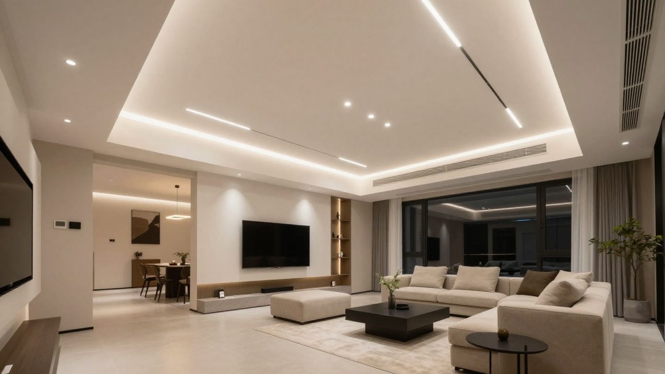 Bright LED ceiling lights in a modern high-ceiling room.