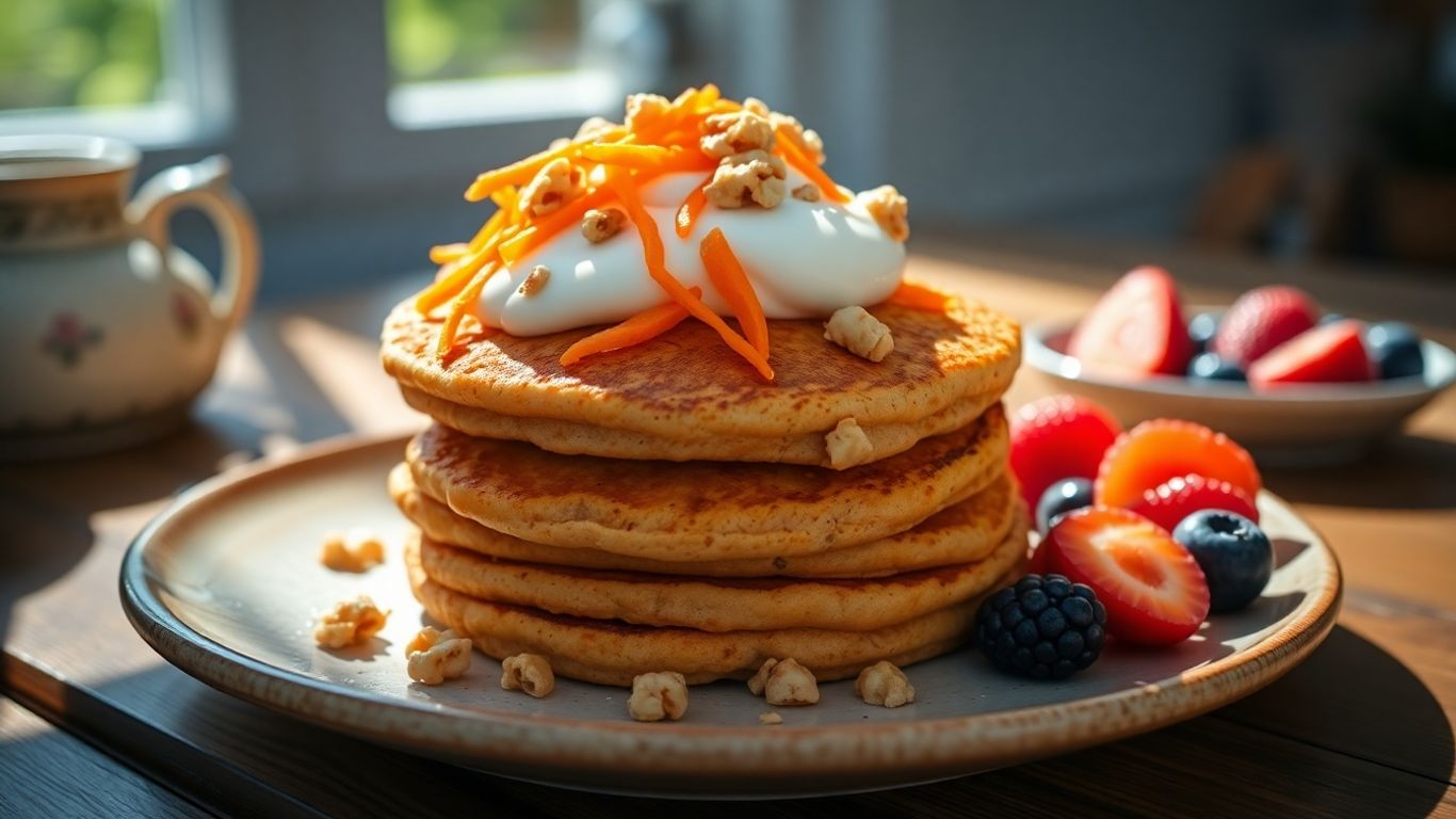 Stack of carrot cake pancakes with yogurt and walnuts
