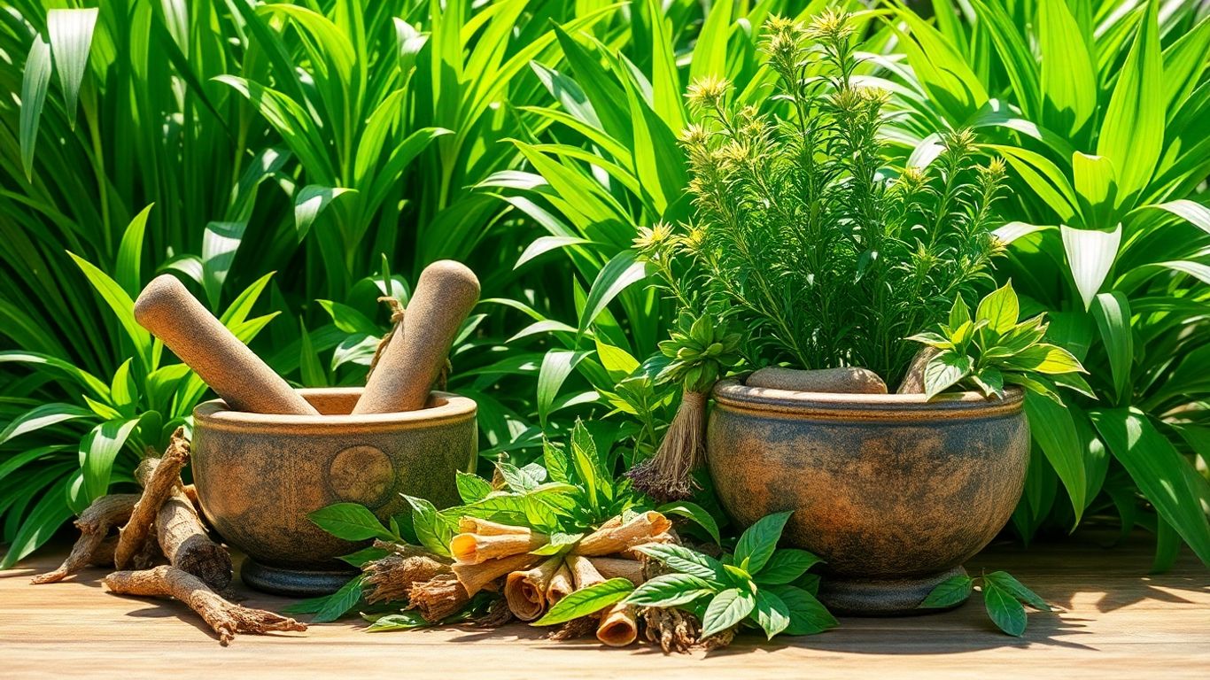 Balinese healing plants and herbs with mortar and pestle.
