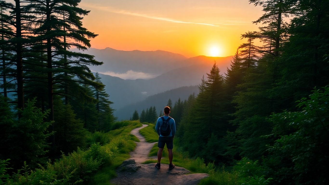 Person steps onto trail at sunrise, mountains ahead