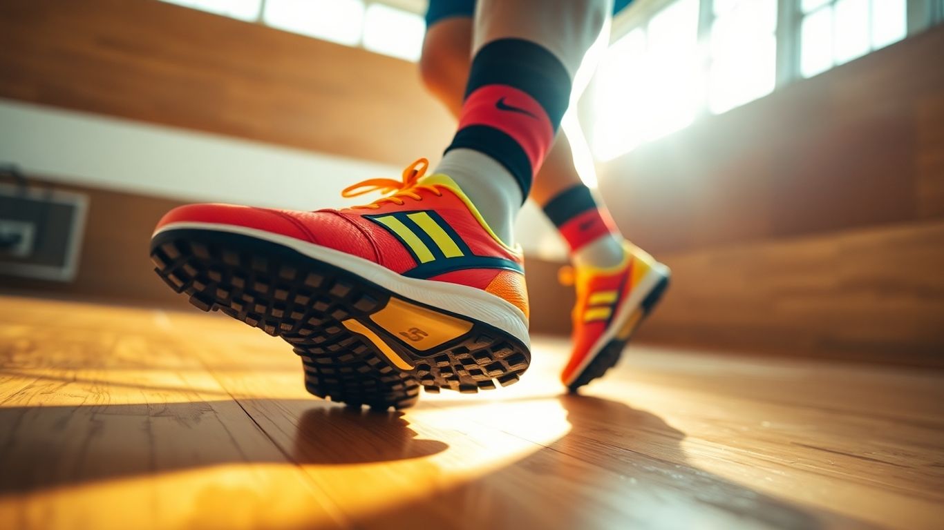 Indoor soccer shoes on polished court