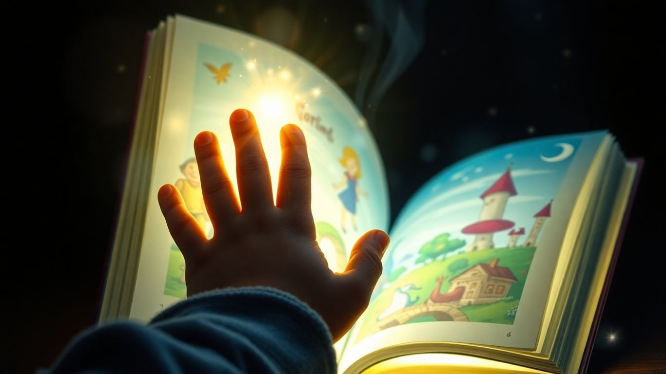 Copil și carte deschisă cu lumini magice
