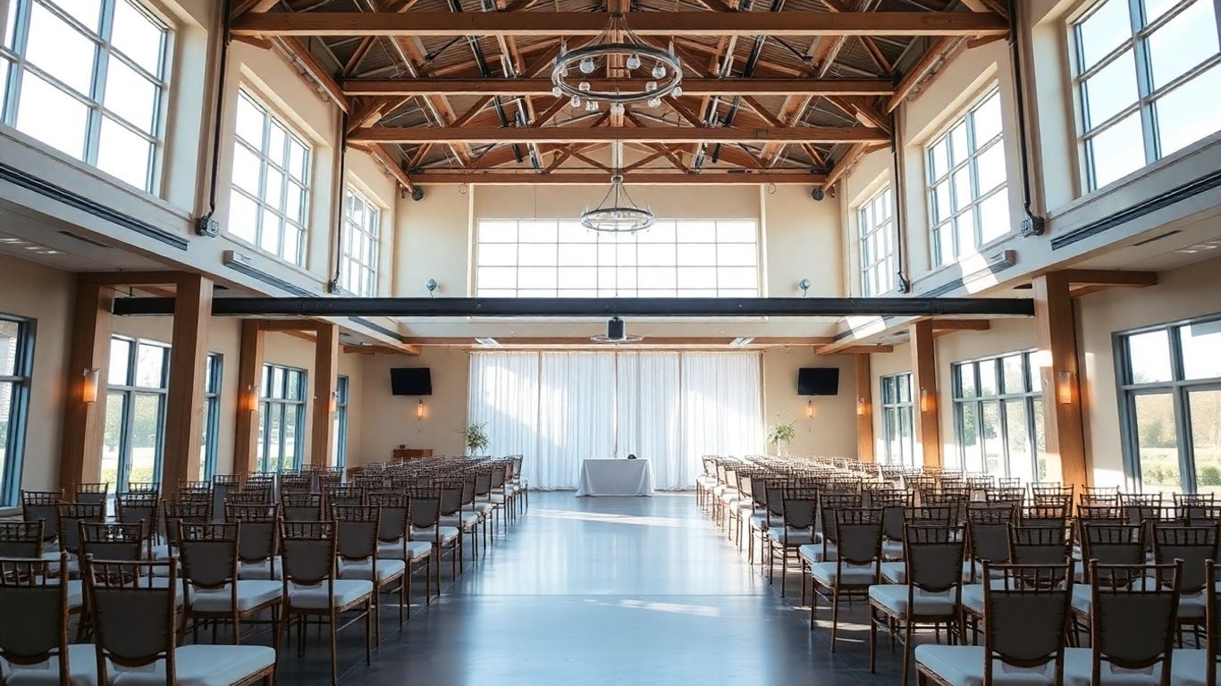 Modern Dallas event venue interior with elegant seating and natural light.