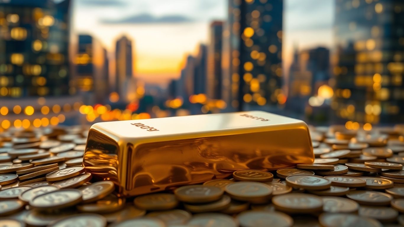 Gold bar and coins with city background