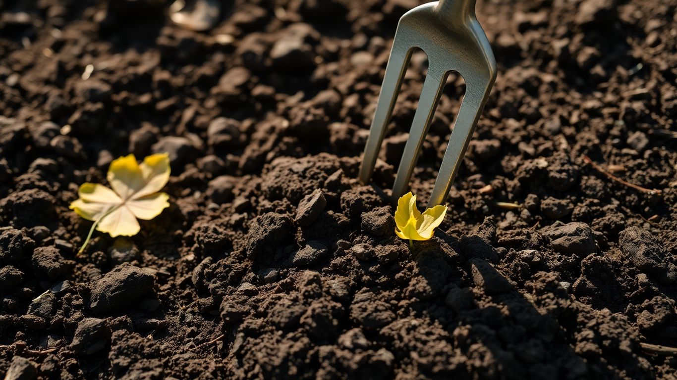 Boden im Garten im Herbst mit Gartengeräten