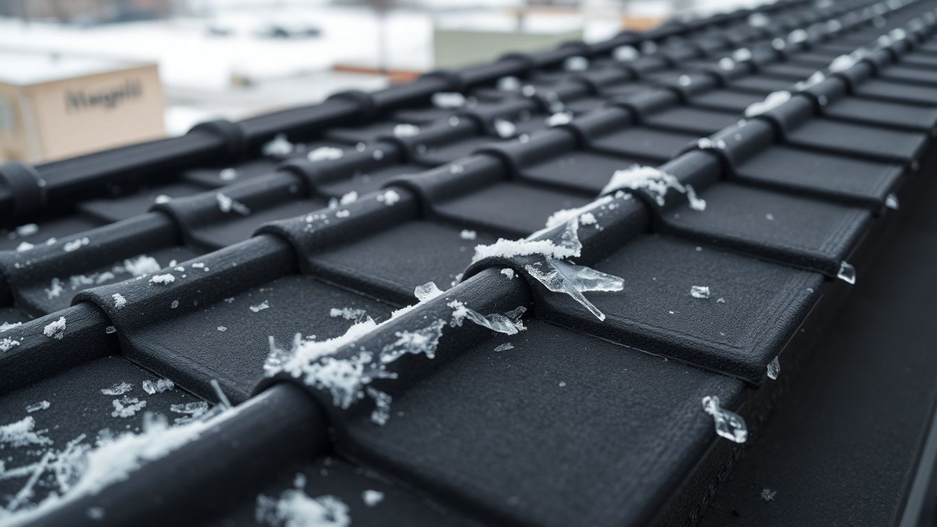 Commercial roof with snow and ice during winter inspection.