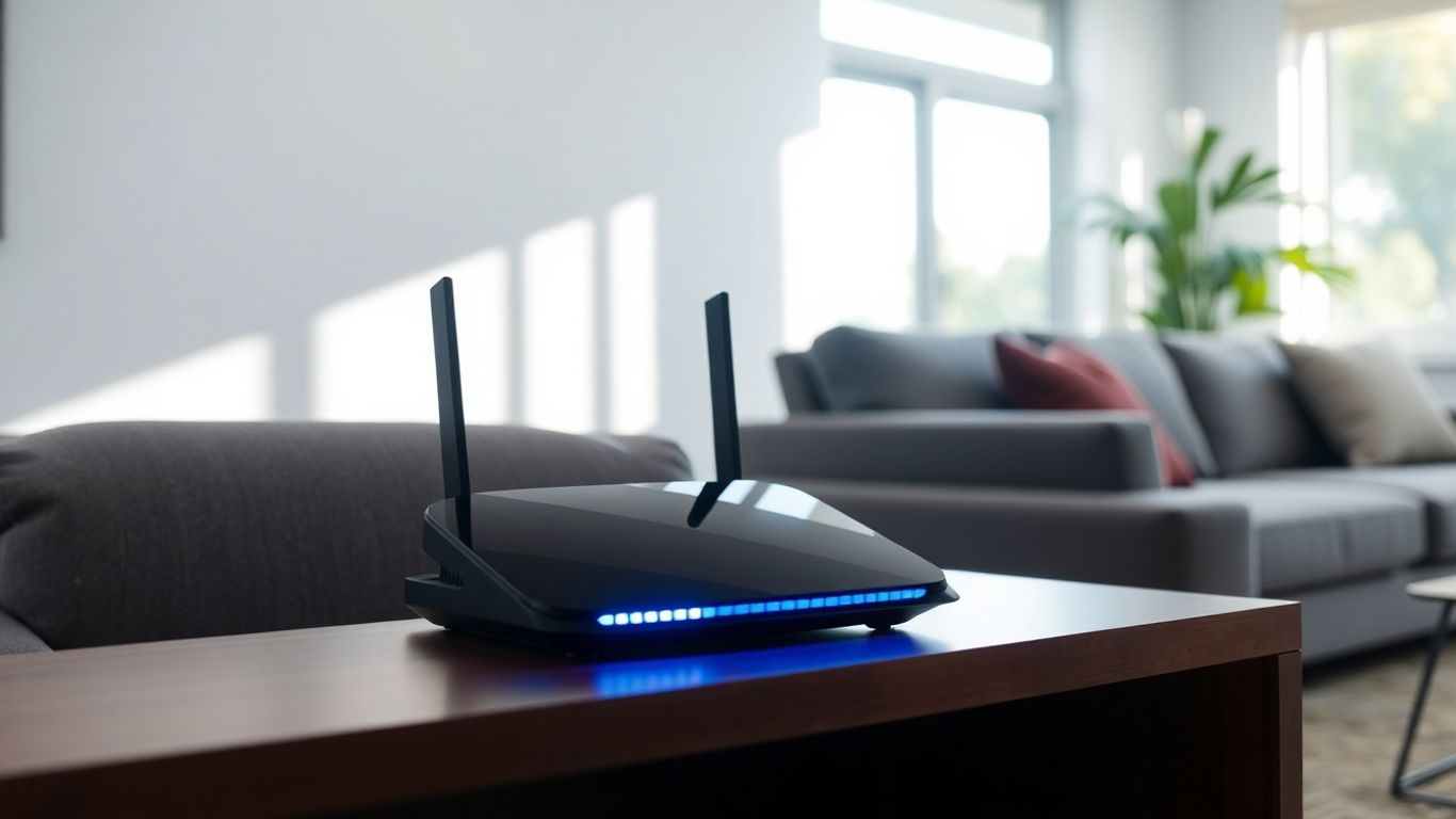 Roteador Wi-Fi dual band em sala de estar moderna.