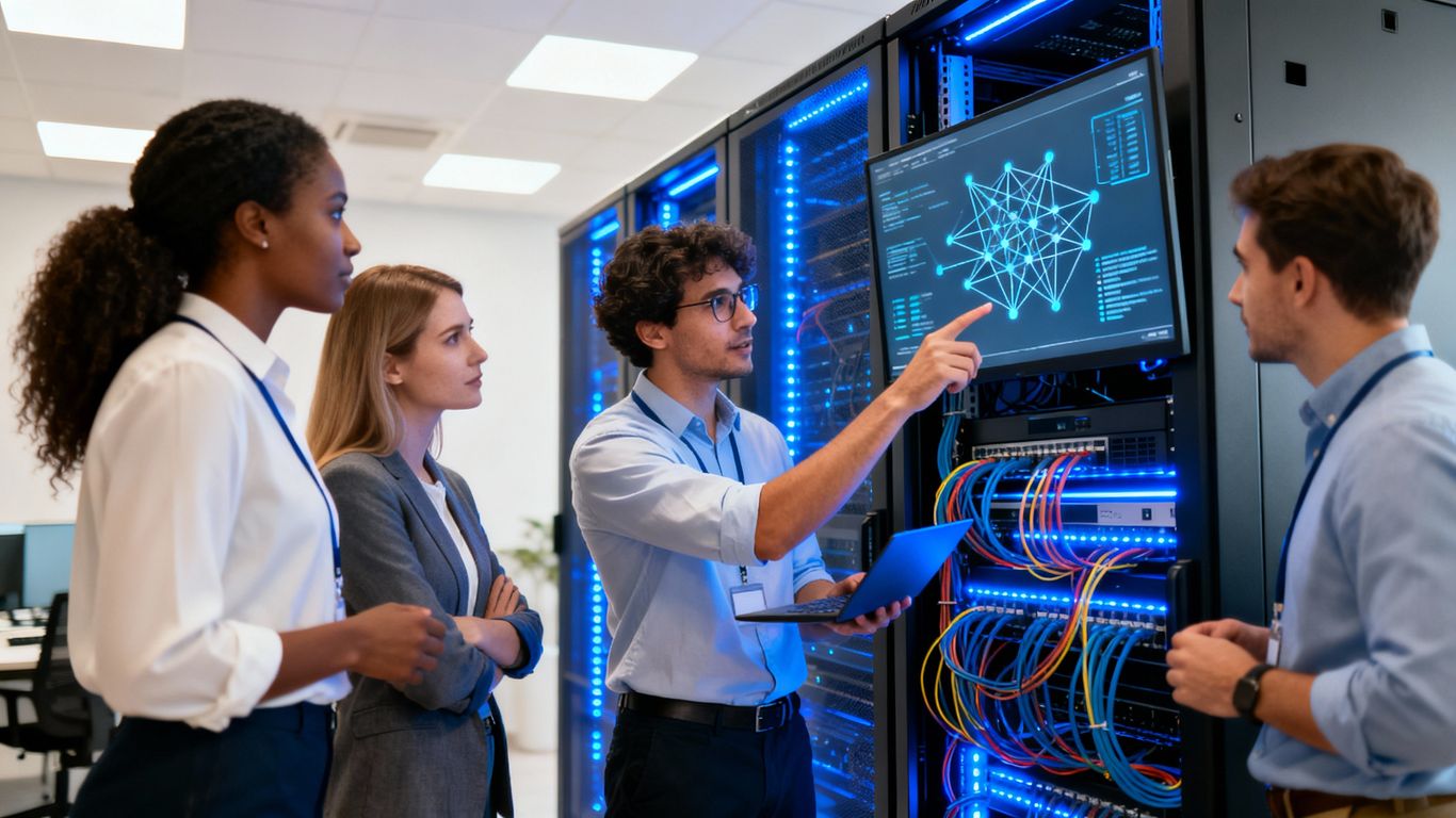 IT department working with servers and network diagrams.
