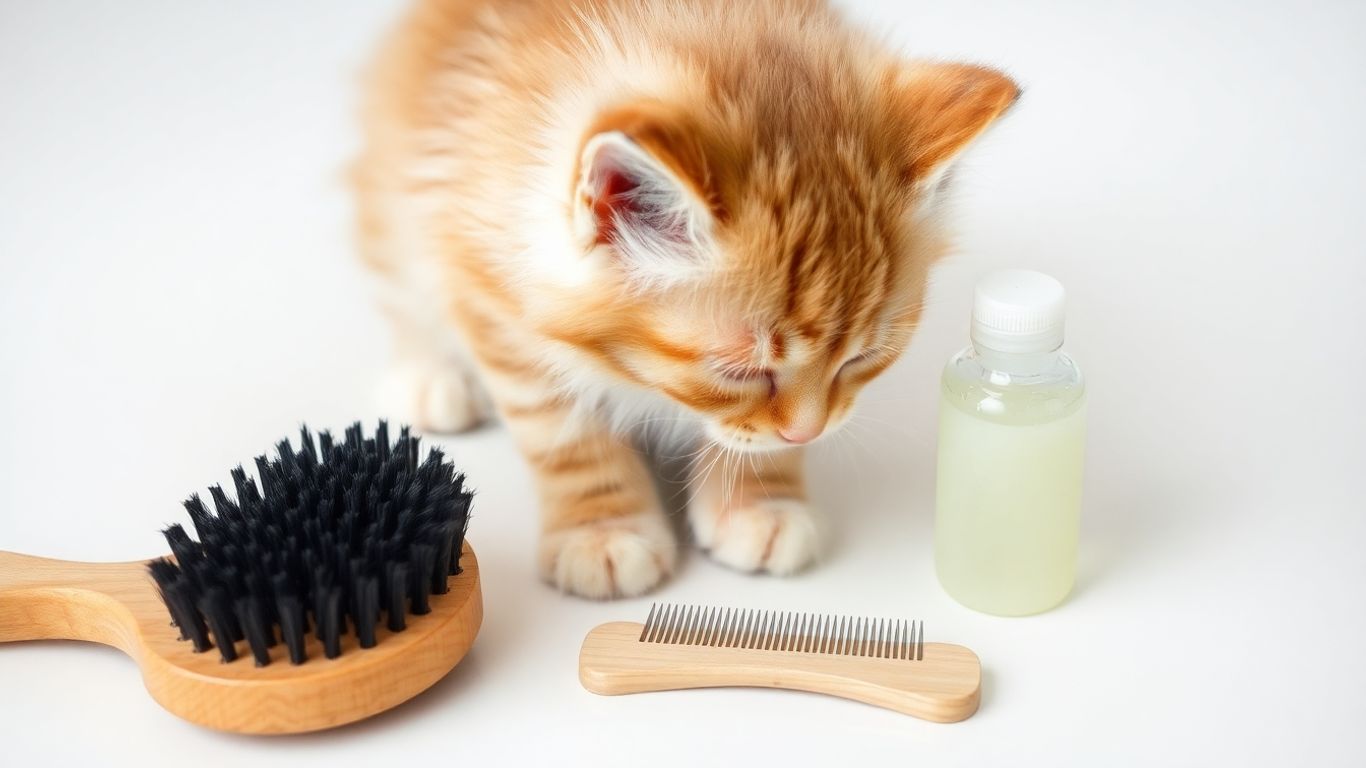 Kitten with grooming supplies: brush, shampoo, comb.
