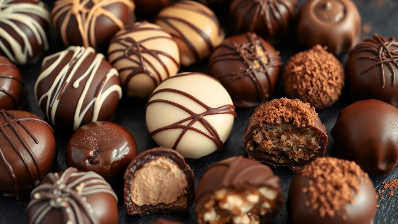 Vielfältige Pralinen mit unterschiedlichen Füllungen und Dekorationen.