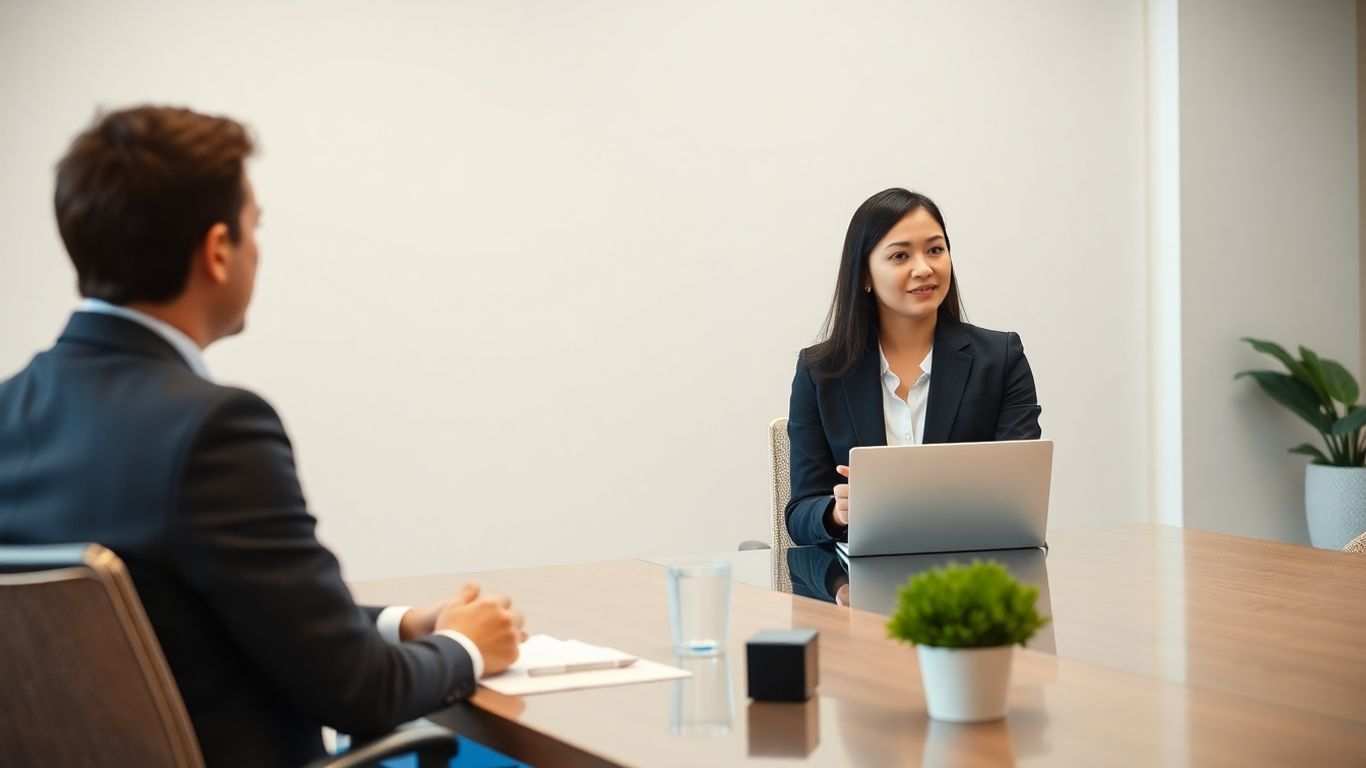 Bewerbungsgespräch im modernen Büro mit blauen Akzenten.