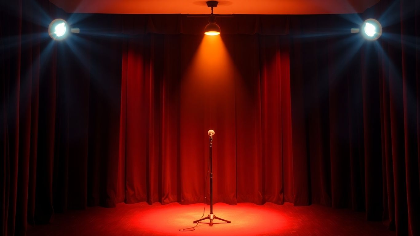Empty comedy club stage with spotlight and microphone.