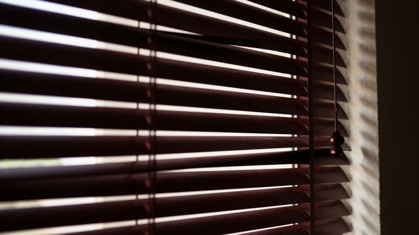 Room darkening blinds partially blocking light, creating a cozy atmosphere with visible light slits and a decorative pull cord.