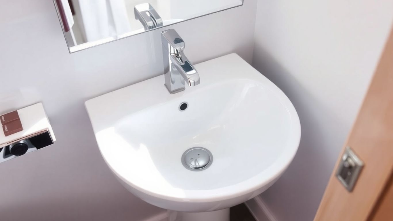 Small cloakroom wash basin with chrome faucet.