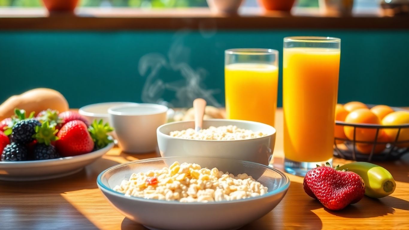 Healthy breakfast spread with fruit and oatmeal.