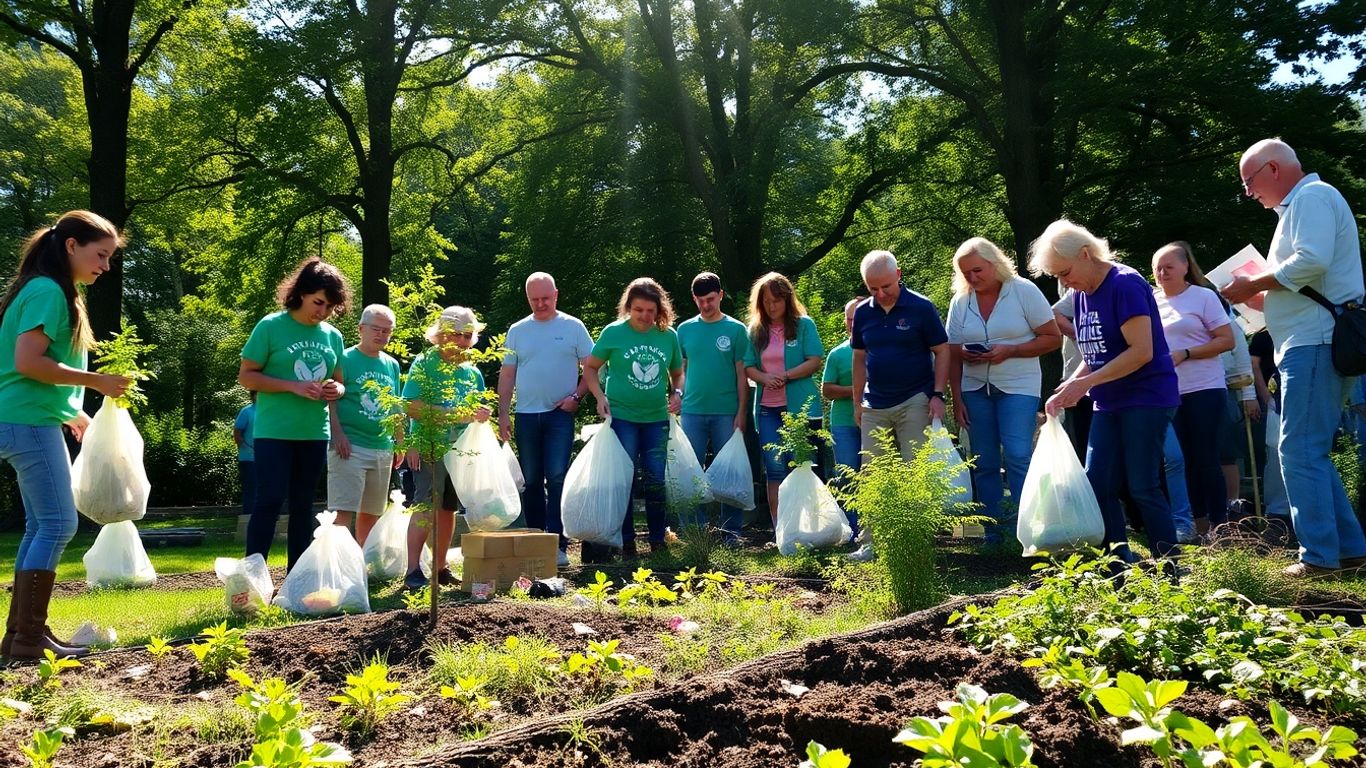 Voluntari ecologici plantează copaci și curăță un parc.