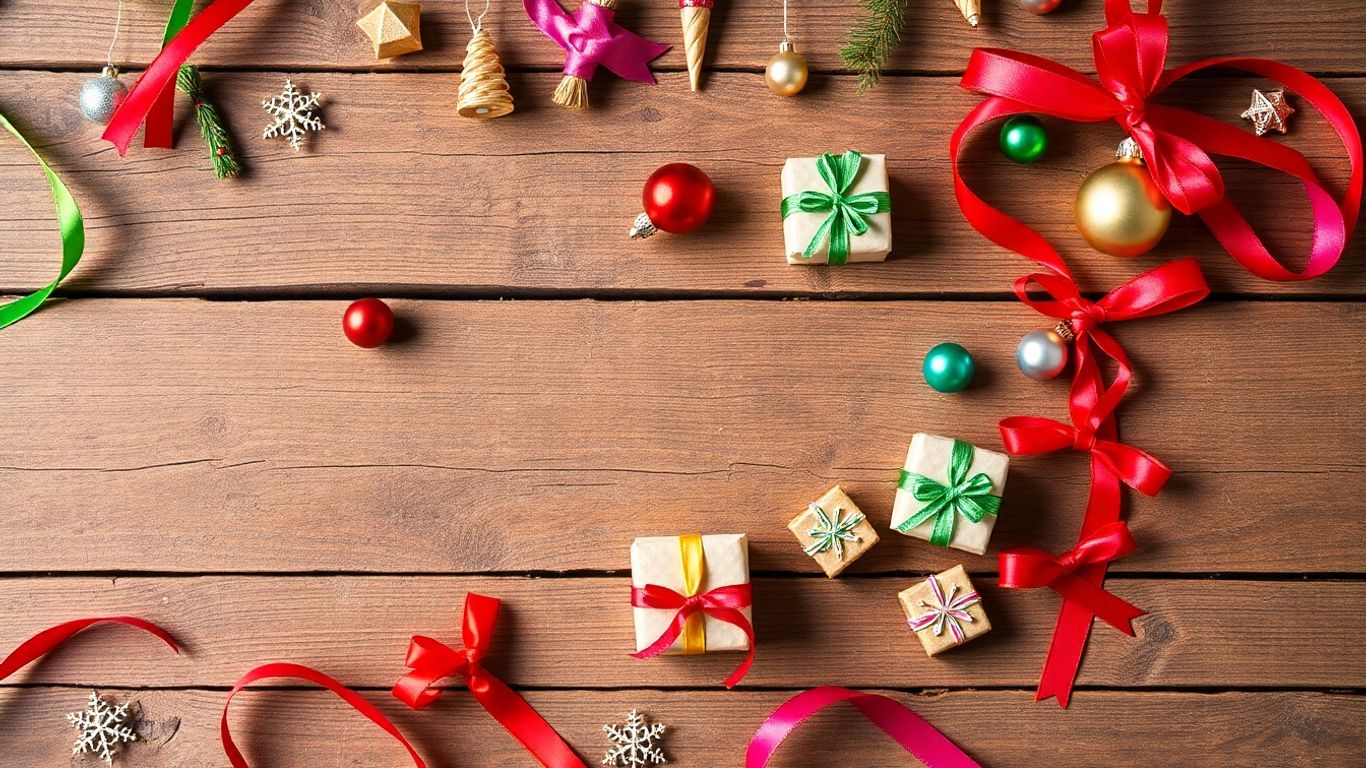 Festive holiday party favors arranged on a wooden surface.