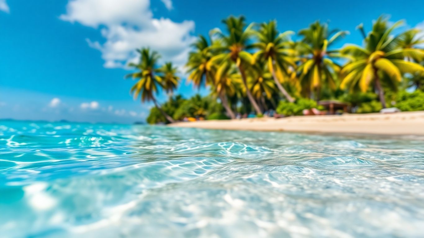 Słoneczna plaża z palmami i turkusową wodą