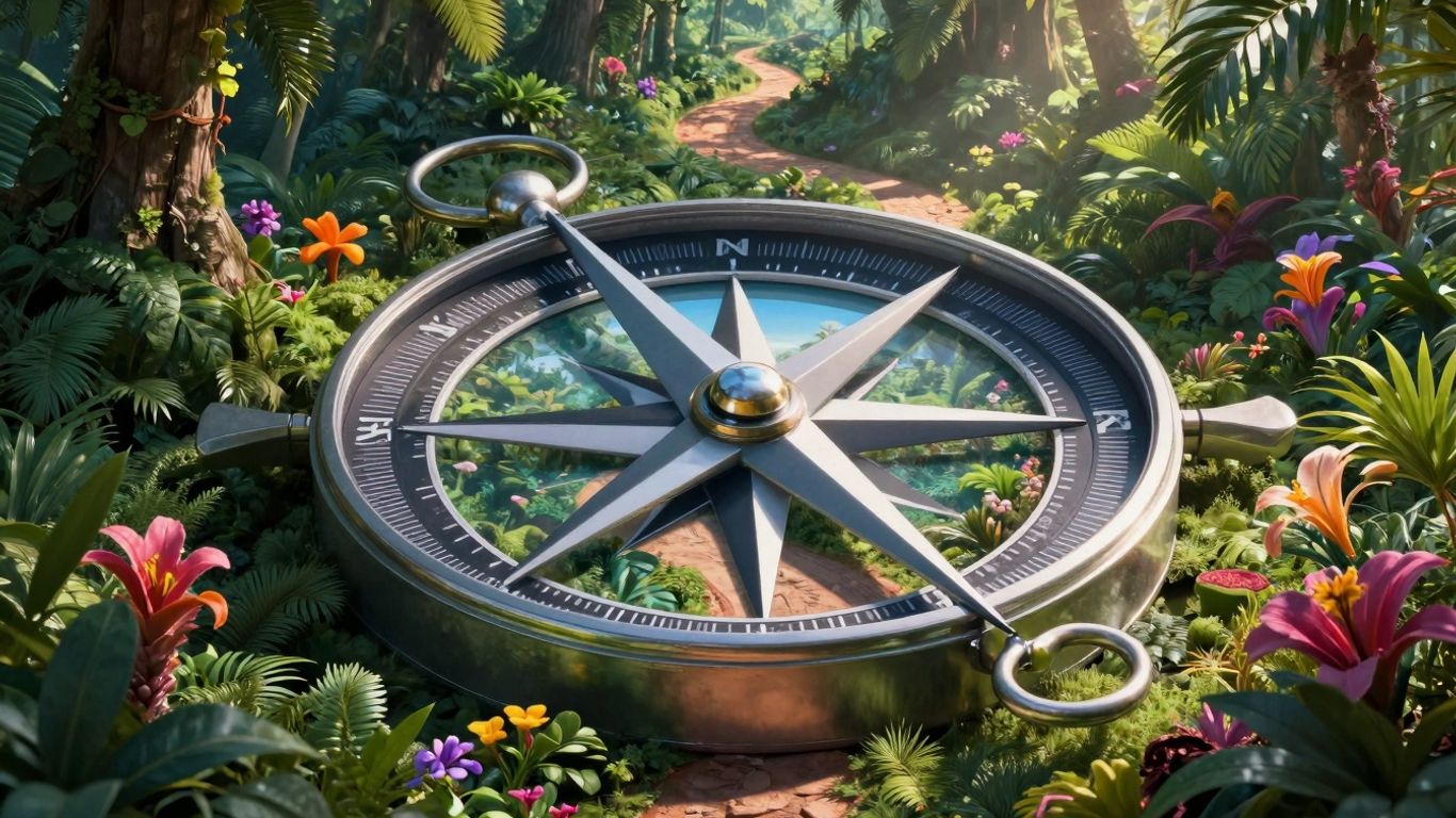 Compass guiding through a vibrant jungle path.