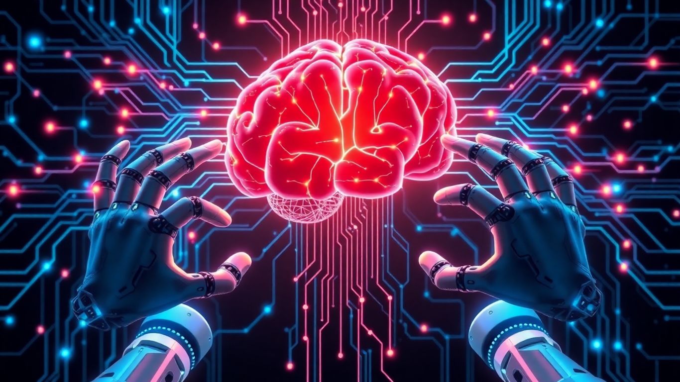 AI and cybersecurity infographic with digital brain and circuits.