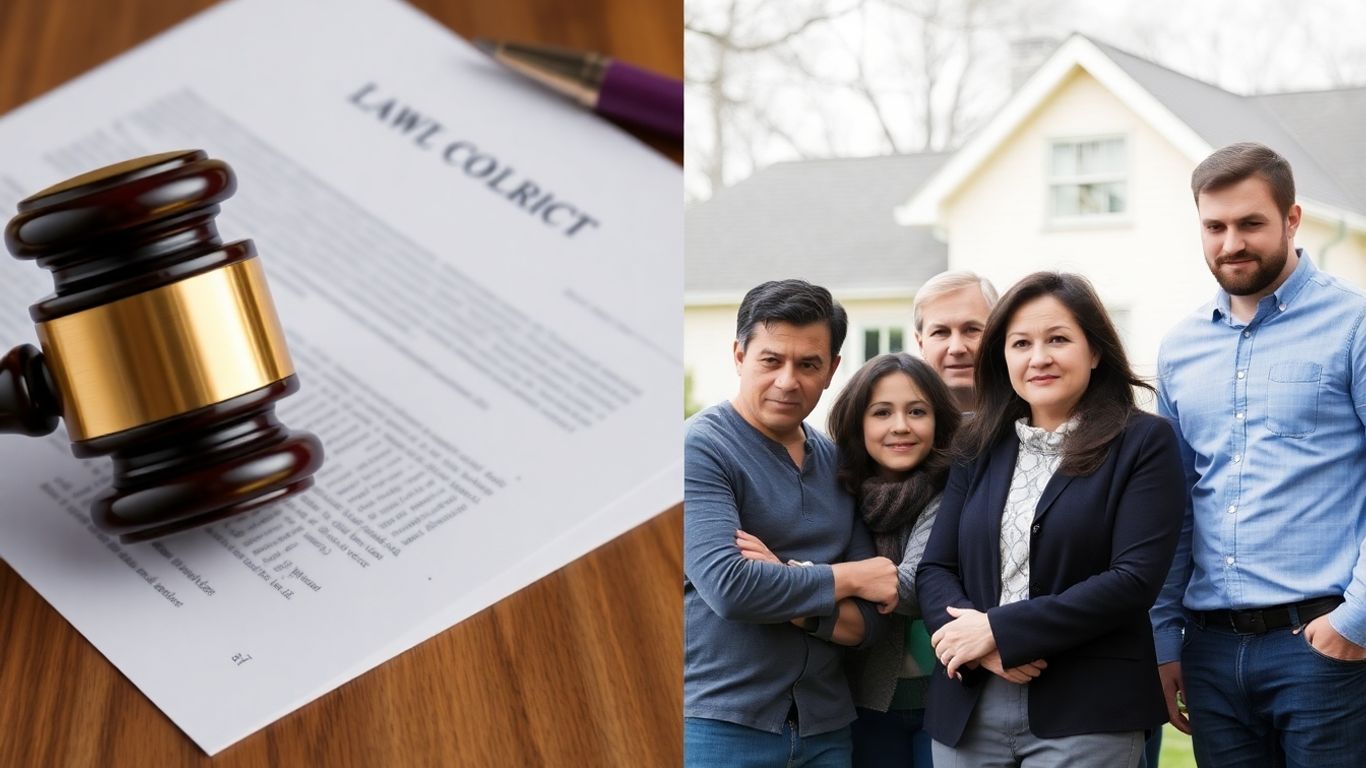 Gavel, legal papers, and a family near a house.