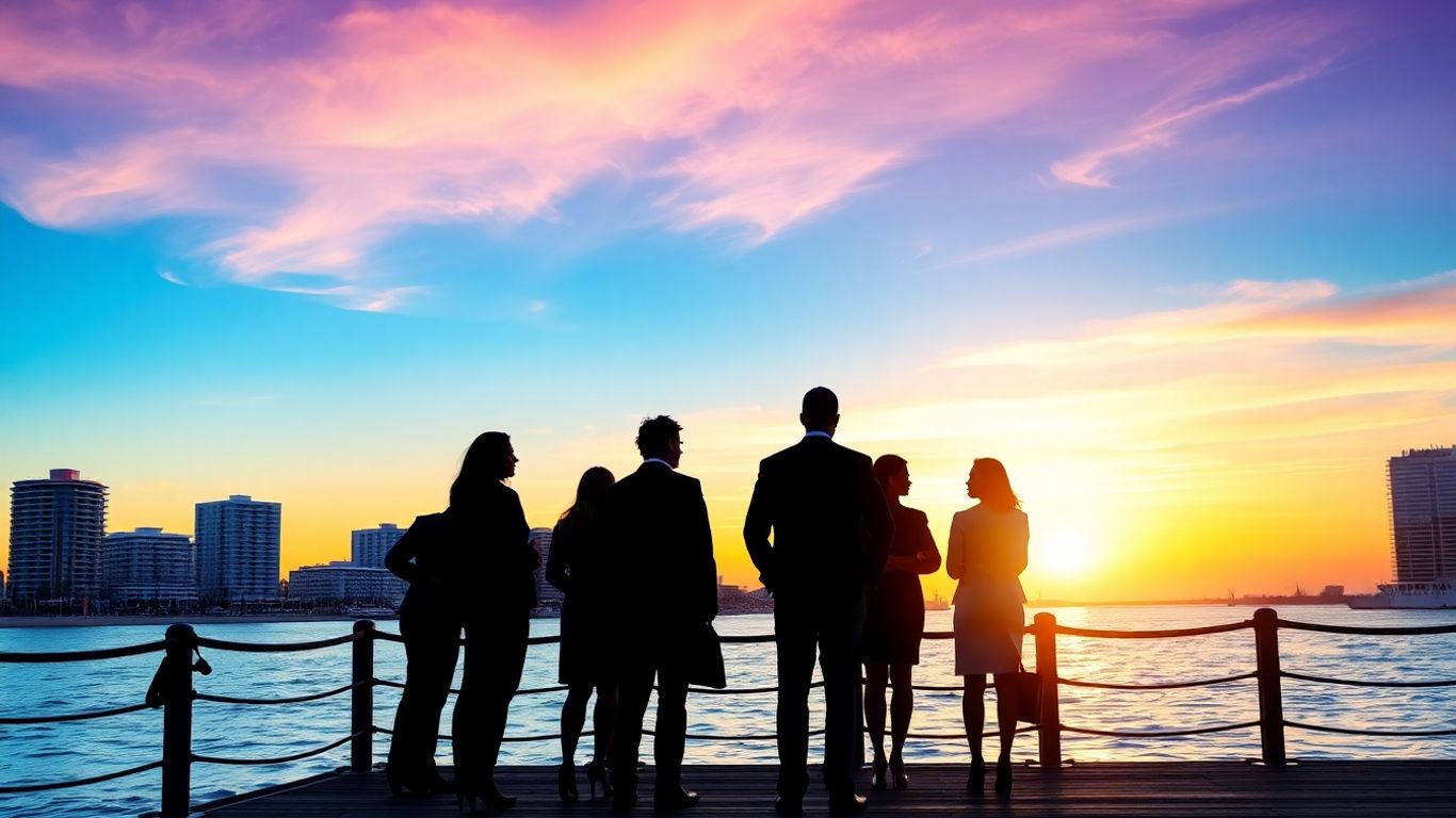 Virginia Beach skyline with business professionals on a pier.