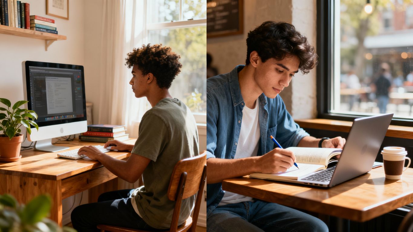 Two students using computers for online learning in different spaces