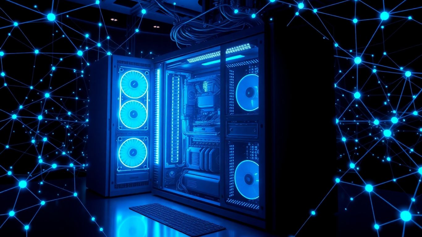 Computer hardware with glowing lights and digital network patterns.