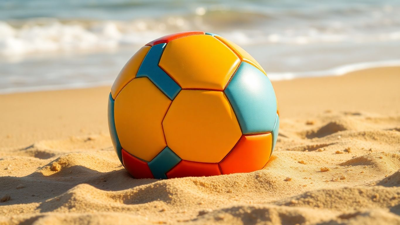 Beach soccer ball on sand near ocean waves