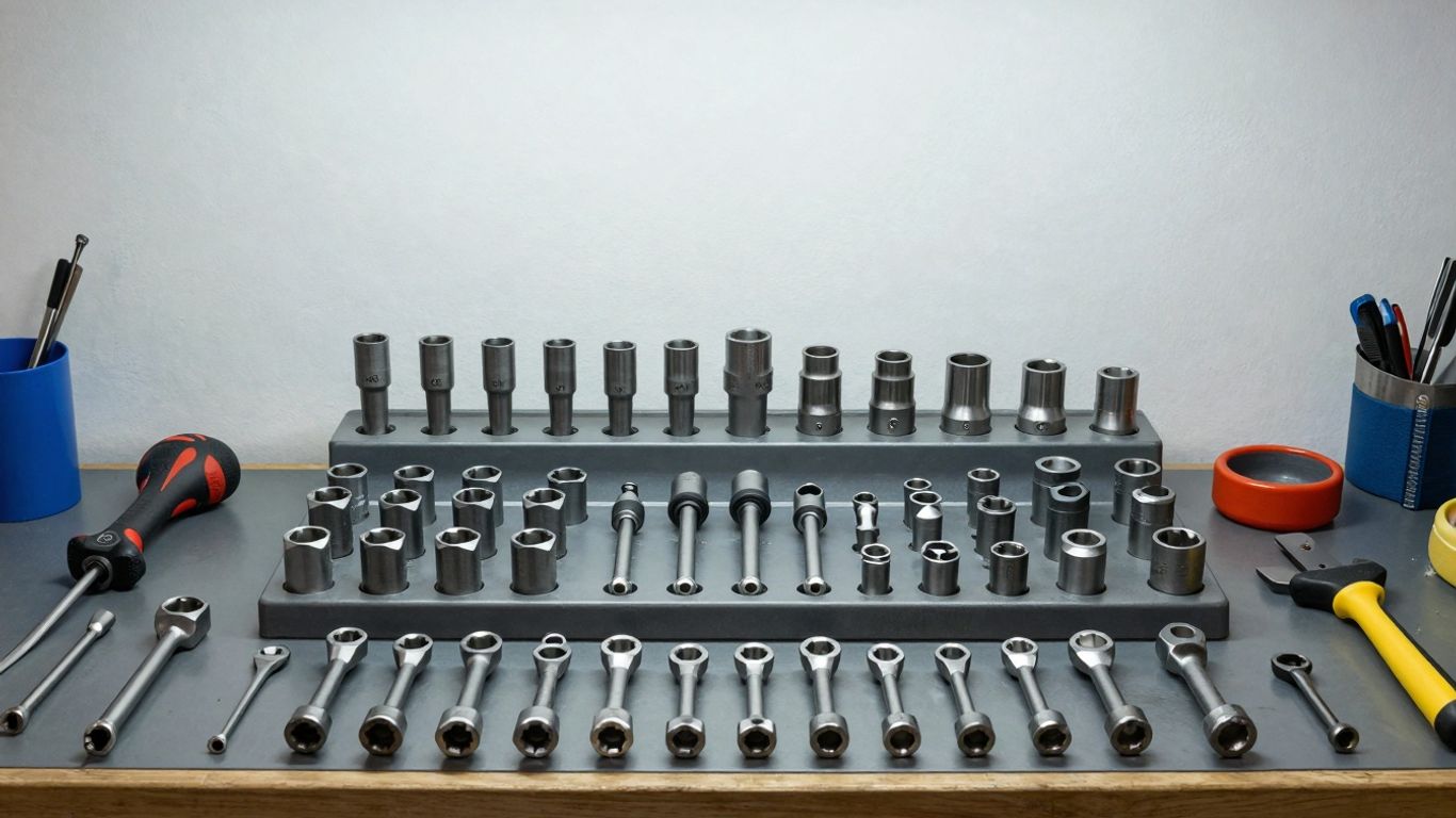 Workshop tools organized on a bench.