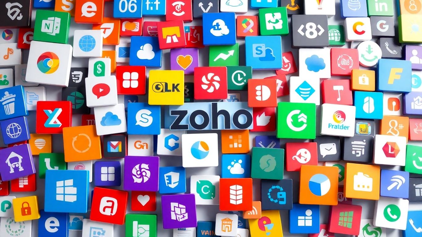 Zoho software products and icons collage.