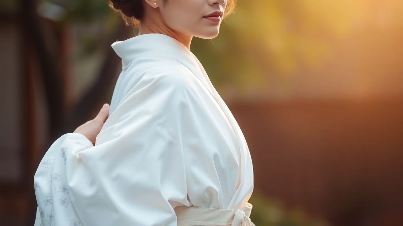 Elegant white Japanese kimono with floral patterns.