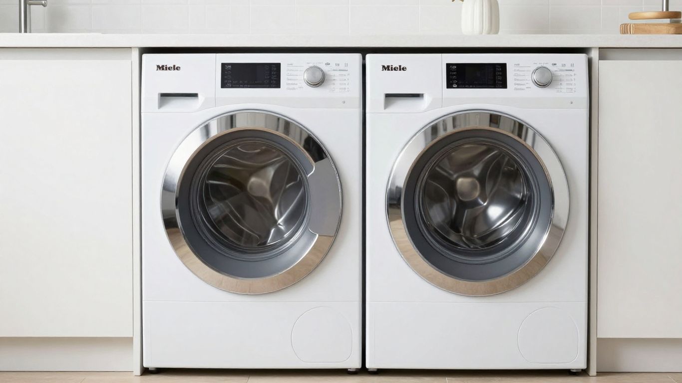Miele washing machine and dryer set in a modern laundry room.